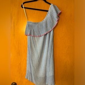 Lilly Pulitzer One Shoulder Dress Blue Seersucker w/Pink Whip Stitch SZ L
